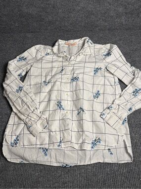 Zara White Grid Button-Down Shirt with Blue Floral Print Size Small